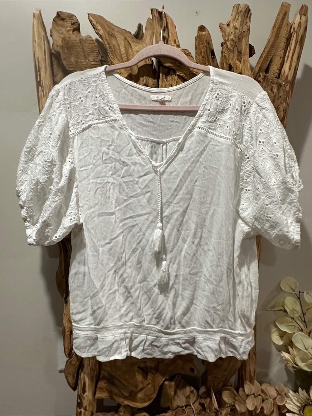 Maurices White Eyelet Tassel Peasant Blouse